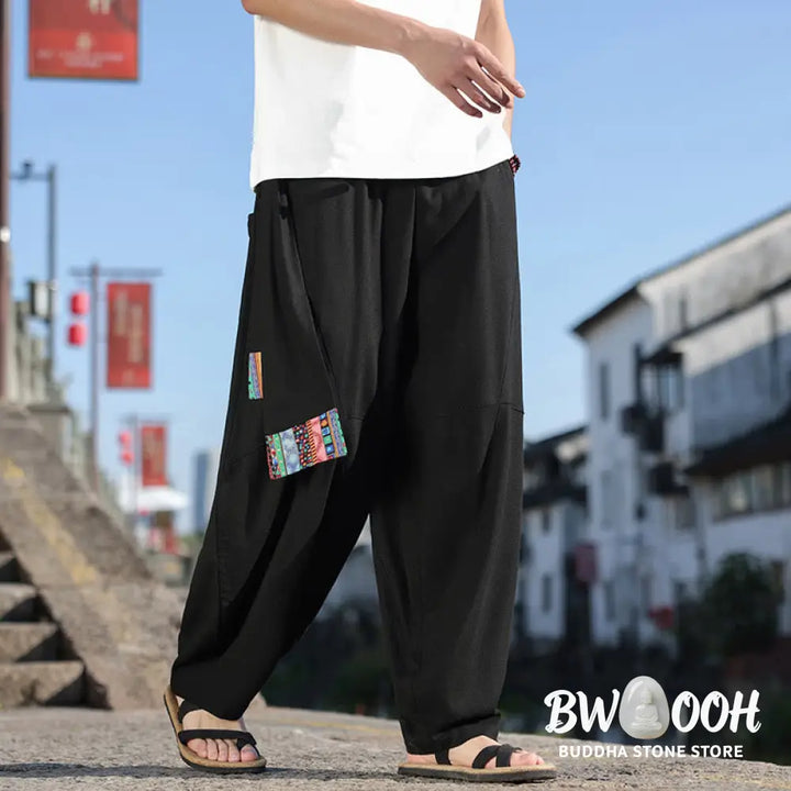 Buddha Stones Simple Patchwork Design Drawstring Soft Cotton Men’s Wide Leg Pants With Pockets - Men’s Wide Leg Pants
