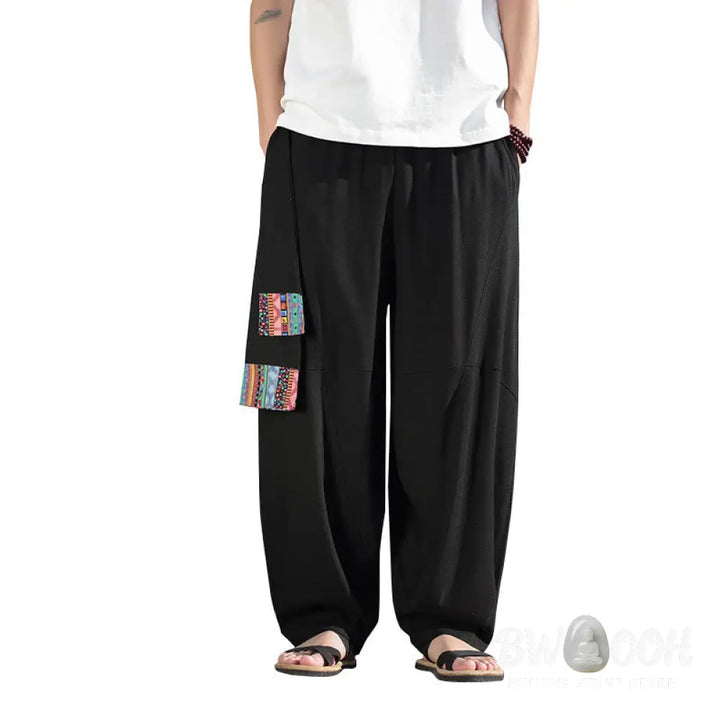 Buddha Stones Simple Patchwork Design Drawstring Soft Cotton Men’s Wide Leg Pants With Pockets - Men’s Wide Leg Pants
