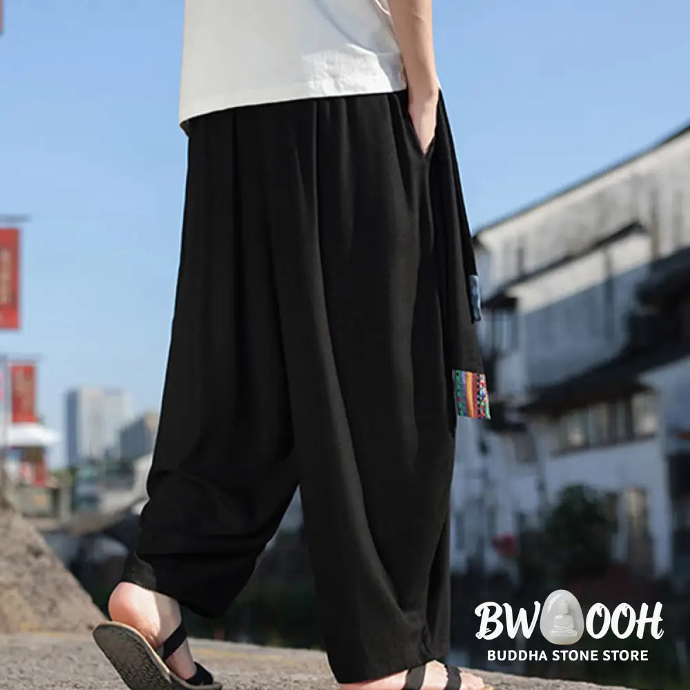 Buddha Stones Simple Patchwork Design Drawstring Soft Cotton Men’s Wide Leg Pants With Pockets - Men’s Wide Leg Pants