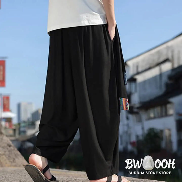 Buddha Stones Simple Patchwork Design Drawstring Soft Cotton Men’s Wide Leg Pants With Pockets - Men’s Wide Leg Pants
