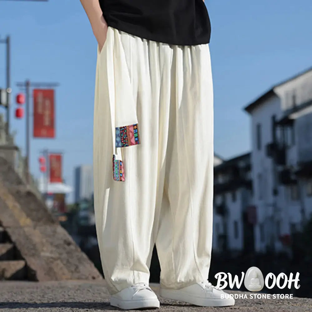 Buddha Stones Simple Patchwork Design Drawstring Soft Cotton Men’s Wide Leg Pants With Pockets - Men’s Wide Leg Pants