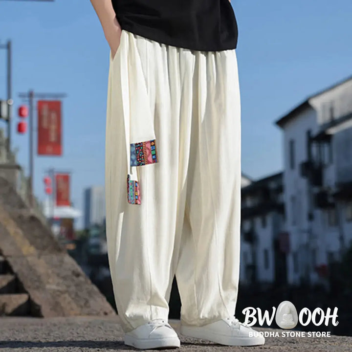 Buddha Stones Simple Patchwork Design Drawstring Soft Cotton Men’s Wide Leg Pants With Pockets - Men’s Wide Leg Pants