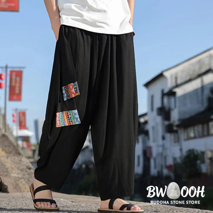 Buddha Stones Simple Patchwork Design Drawstring Soft Cotton Men’s Wide Leg Pants With Pockets - Men’s Wide Leg Pants