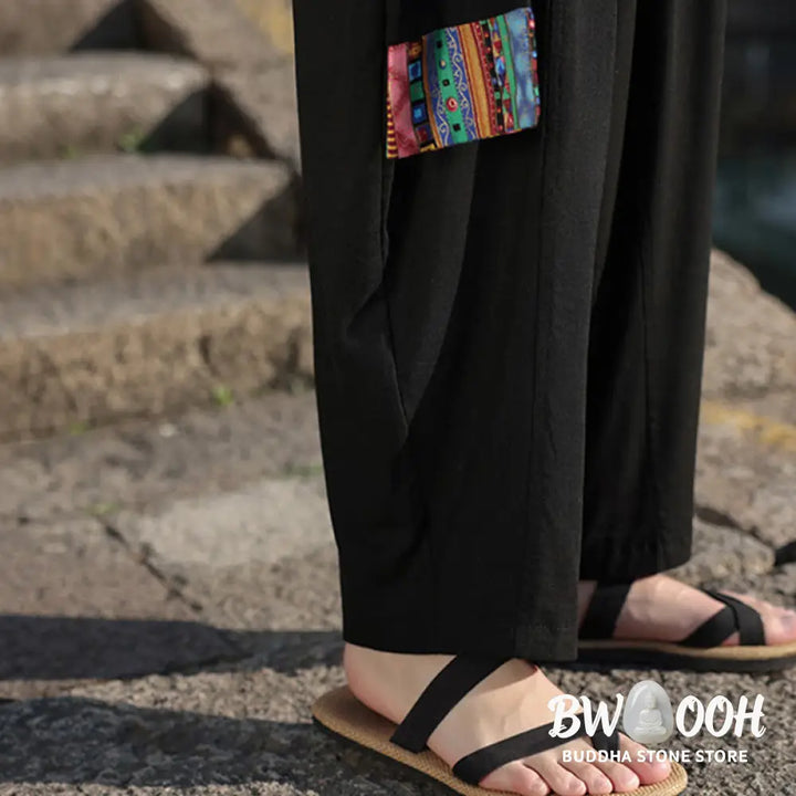 Buddha Stones Simple Patchwork Design Drawstring Soft Cotton Men’s Wide Leg Pants With Pockets - Men’s Wide Leg Pants