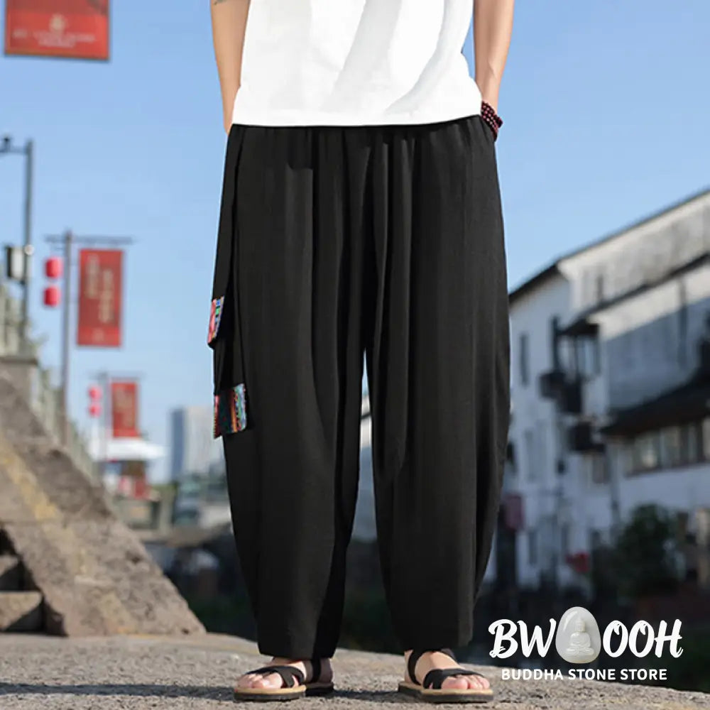 Buddha Stones Simple Patchwork Design Drawstring Soft Cotton Men’s Wide Leg Pants With Pockets - Men’s Wide Leg Pants
