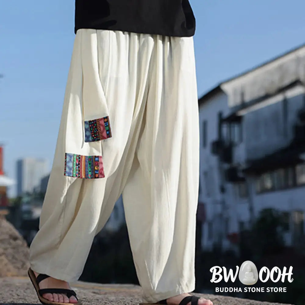 Buddha Stones Simple Patchwork Design Drawstring Soft Cotton Men’s Wide Leg Pants With Pockets - Men’s Wide Leg Pants