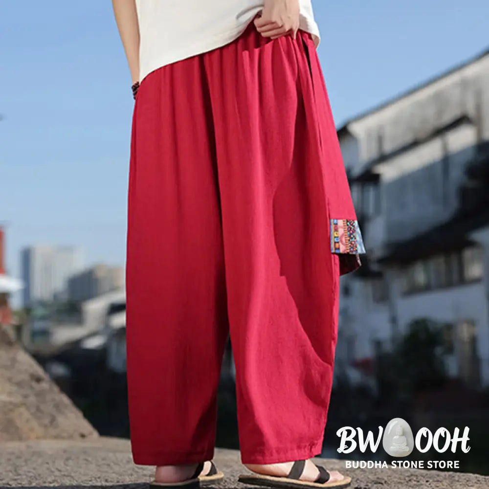 Buddha Stones Simple Patchwork Design Drawstring Soft Cotton Men’s Wide Leg Pants With Pockets - Men’s Wide Leg Pants