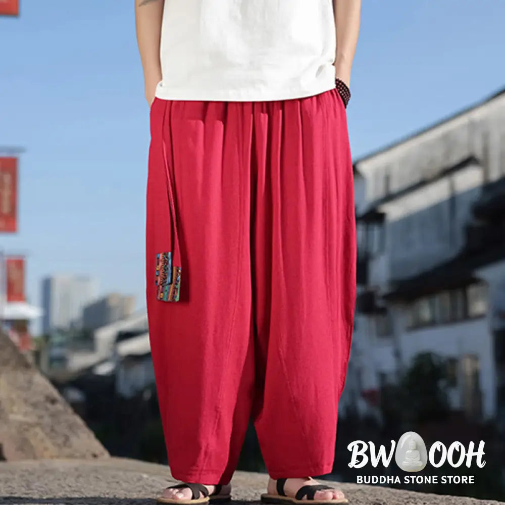 Buddha Stones Simple Patchwork Design Drawstring Soft Cotton Men’s Wide Leg Pants With Pockets - Men’s Wide Leg Pants