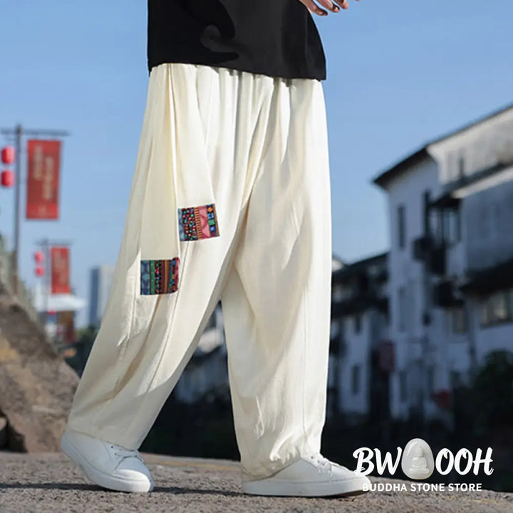 Buddha Stones Simple Patchwork Design Drawstring Soft Cotton Men’s Wide Leg Pants With Pockets - Men’s Wide Leg Pants