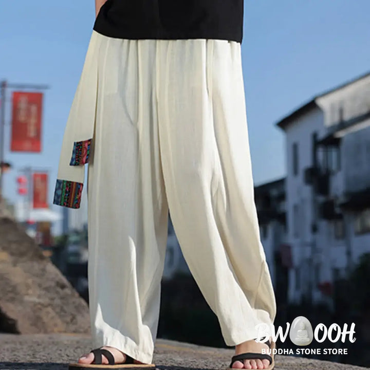 Buddha Stones Simple Patchwork Design Drawstring Soft Cotton Men’s Wide Leg Pants With Pockets - Men’s Wide Leg Pants