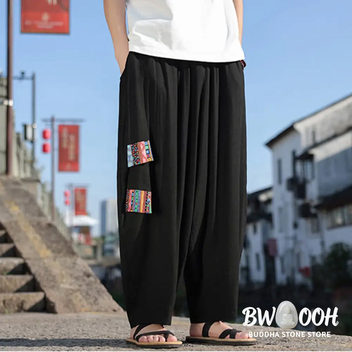 Buddha Stones Simple Patchwork Design Drawstring Soft Cotton Men’s Wide Leg Pants With Pockets - Men’s Wide Leg Pants