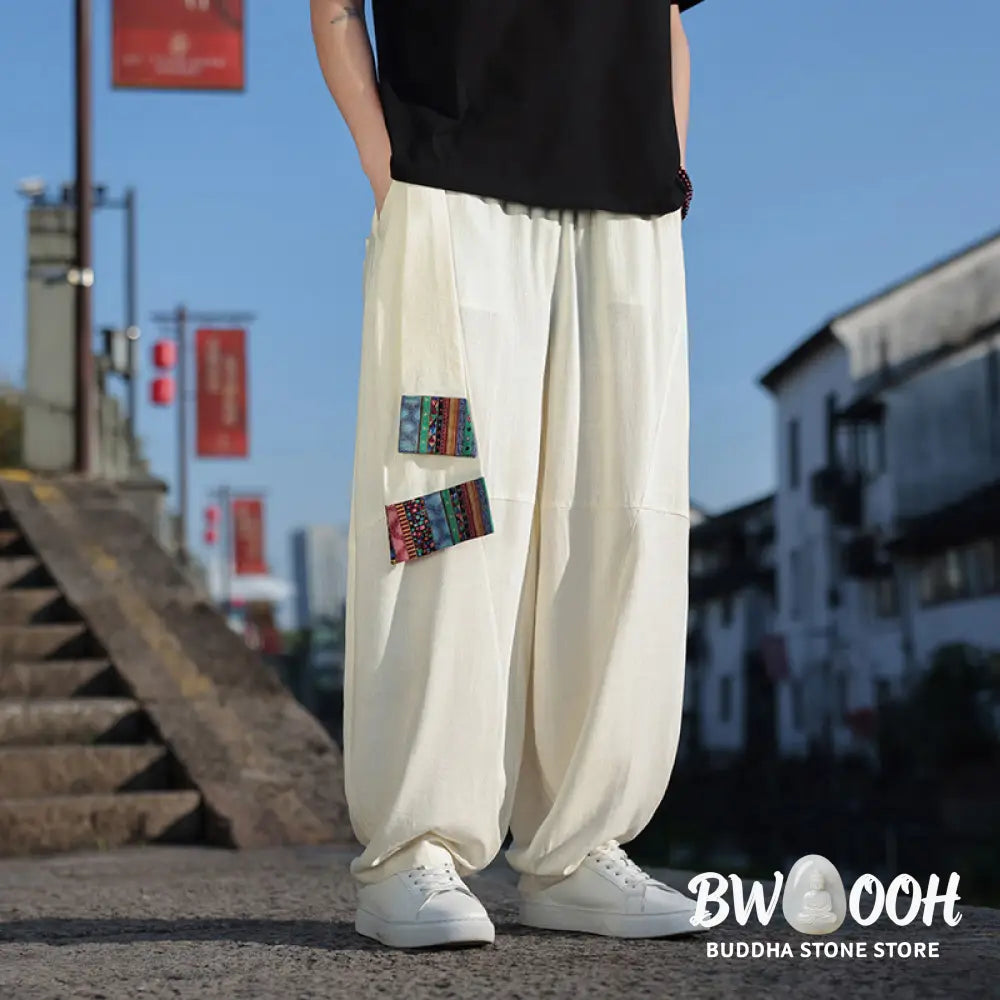 Buddha Stones Simple Patchwork Design Drawstring Soft Cotton Men’s Wide Leg Pants With Pockets - Men’s Wide Leg Pants