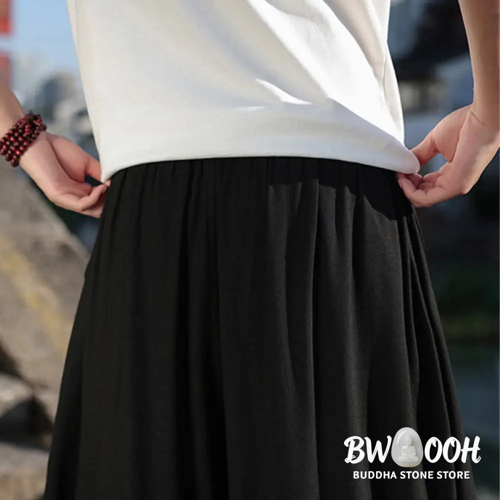 Buddha Stones Simple Patchwork Design Drawstring Soft Cotton Men’s Wide Leg Pants With Pockets - Men’s Wide Leg Pants