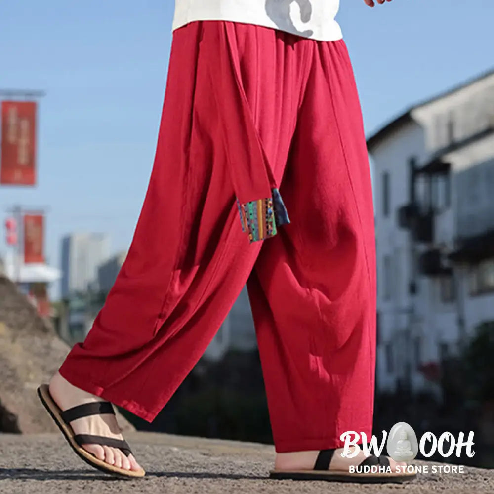 Buddha Stones Simple Patchwork Design Drawstring Soft Cotton Men’s Wide Leg Pants With Pockets - Men’s Wide Leg Pants