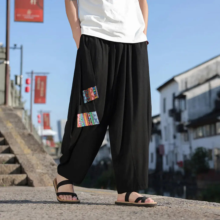 Buddha Stones Simple Patchwork Design Drawstring Soft Cotton Men’s Wide Leg Pants With Pockets - Black