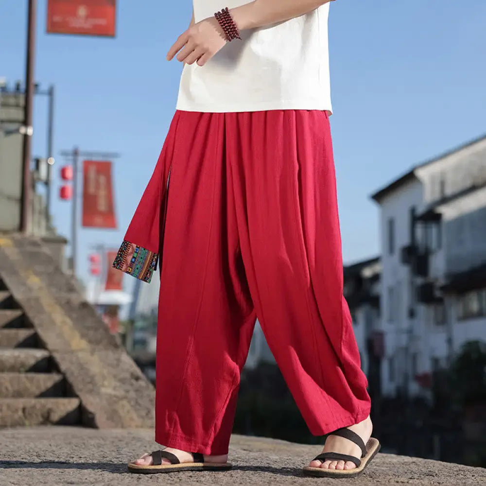 Buddha Stones Simple Patchwork Design Drawstring Soft Cotton Men’s Wide Leg Pants With Pockets - Crimson