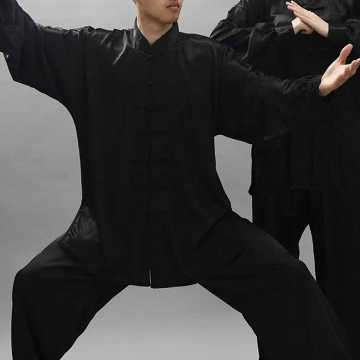 Buddha Stones Simple Pattern Meditation Prayer Spiritual Zen Tai Chi Qigong Practice Unisex Clothing Set - Black
