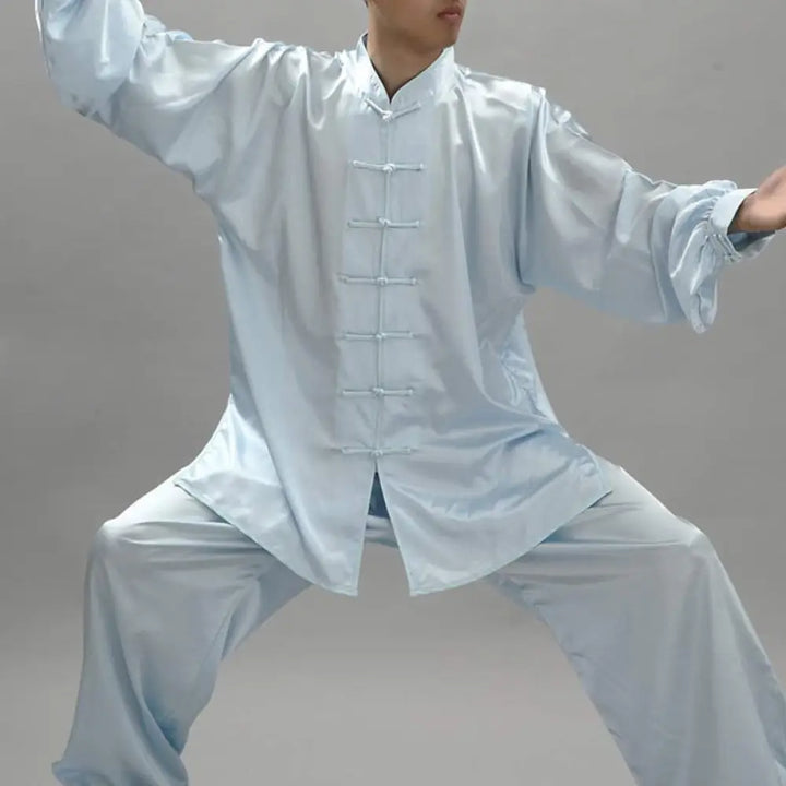 Buddha Stones Simple Pattern Meditation Prayer Spiritual Zen Tai Chi Qigong Practice Unisex Clothing Set - Light Blue