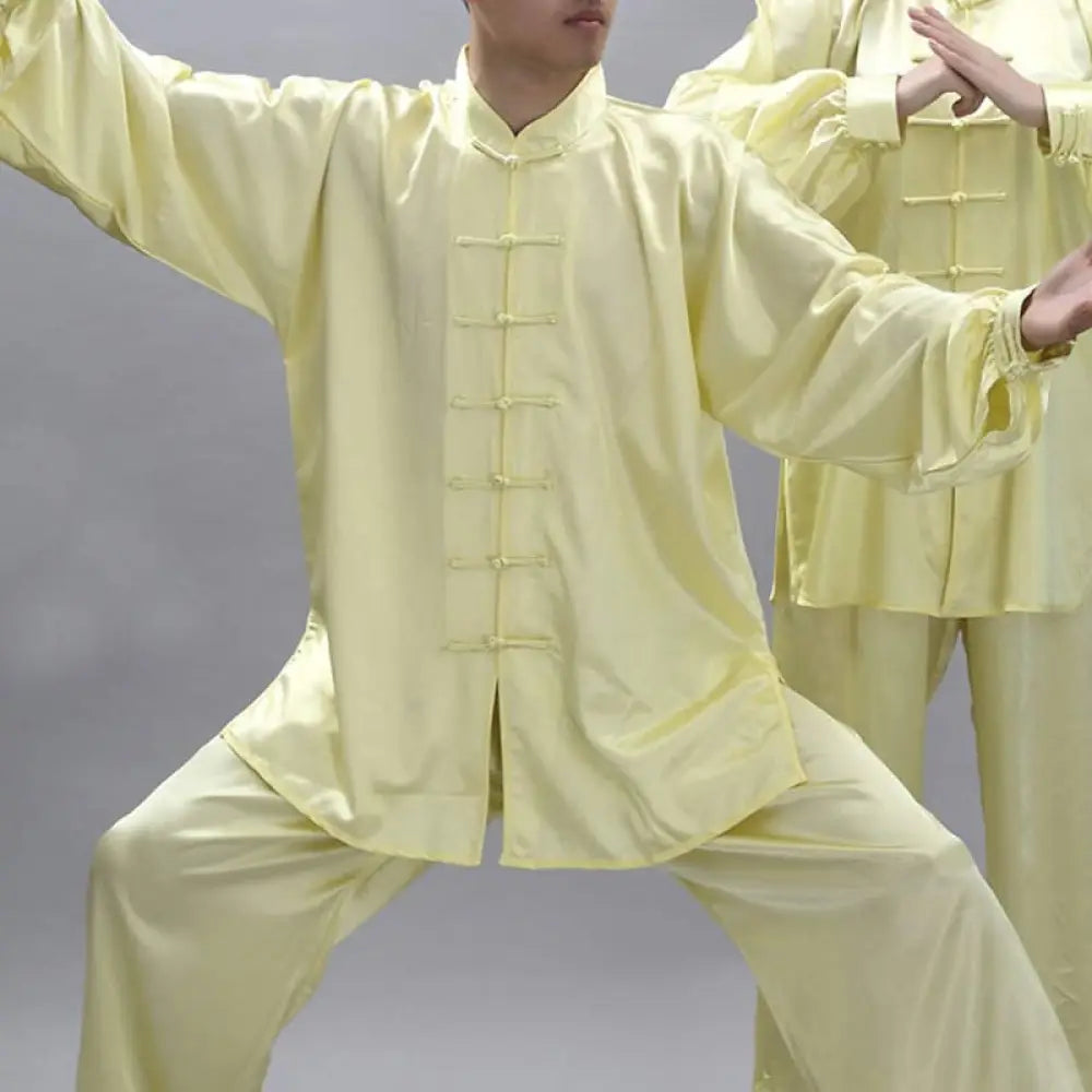 Buddha Stones Simple Pattern Meditation Prayer Spiritual Zen Tai Chi Qigong Practice Unisex Clothing Set - Light Yellow