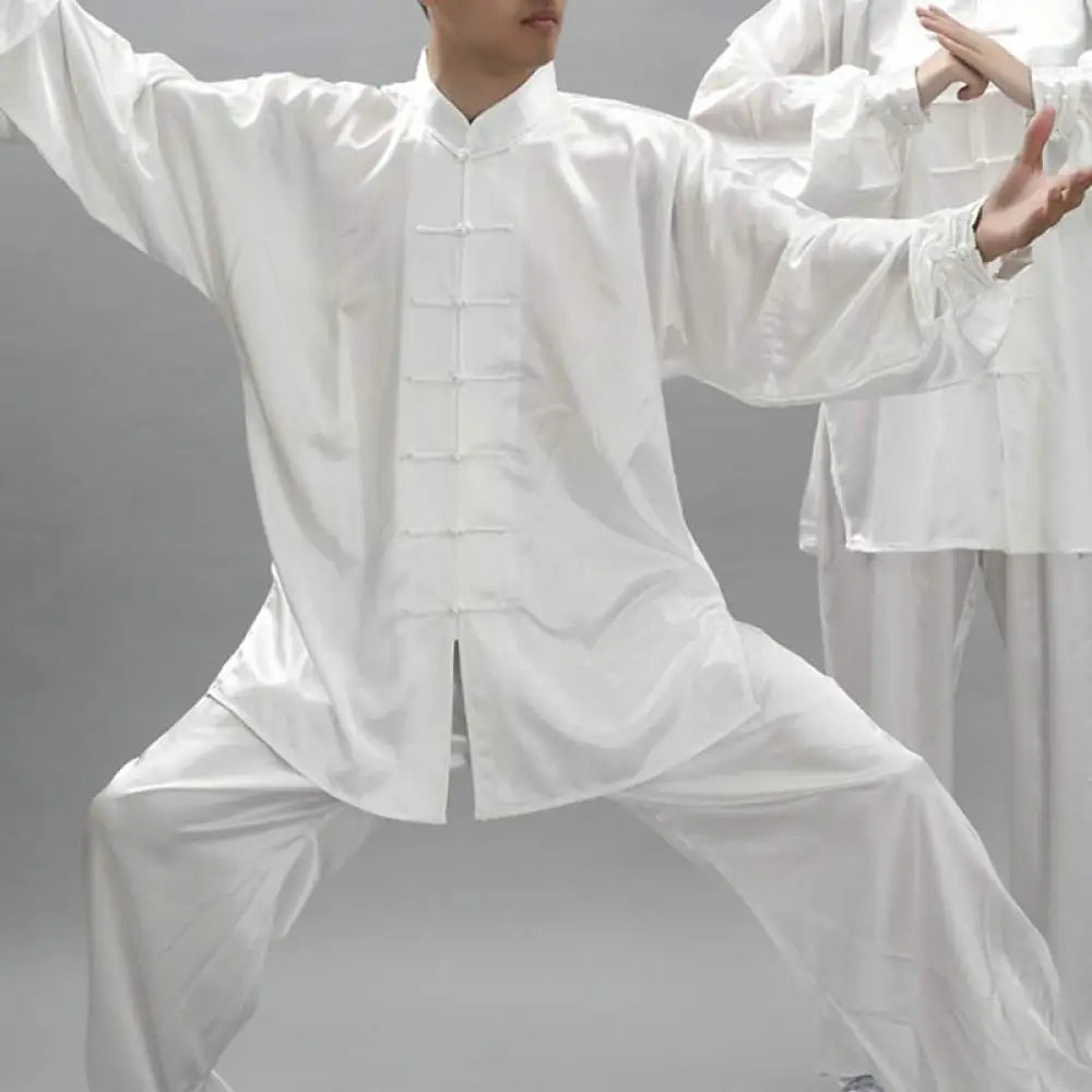 Buddha Stones Simple Pattern Meditation Prayer Spiritual Zen Tai Chi Qigong Practice Unisex Clothing Set - White