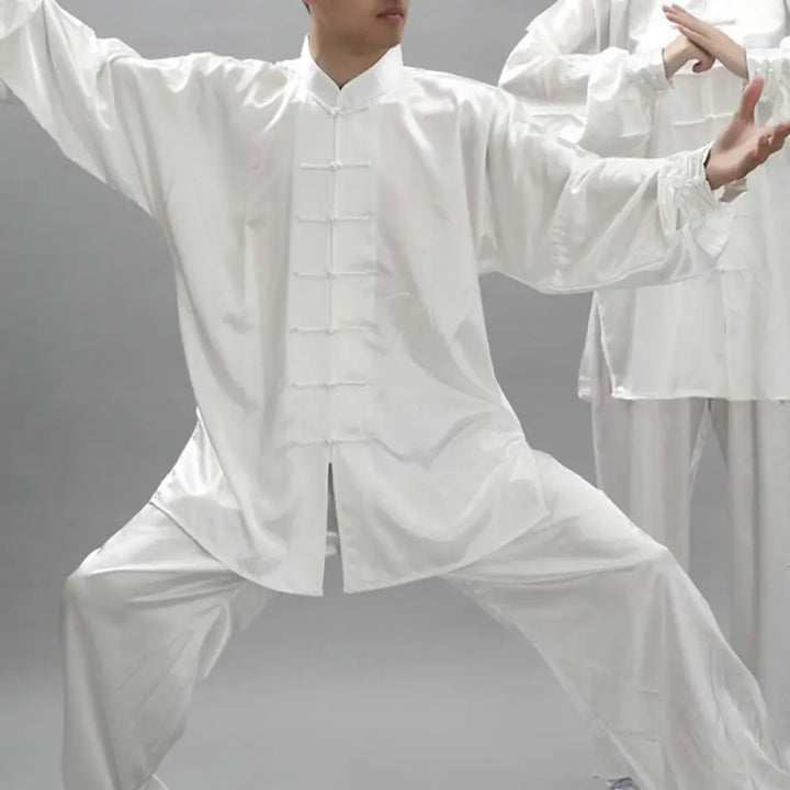 Buddha Stones Simple Pattern Meditation Prayer Spiritual Zen Tai Chi Qigong Practice Unisex Clothing Set - White