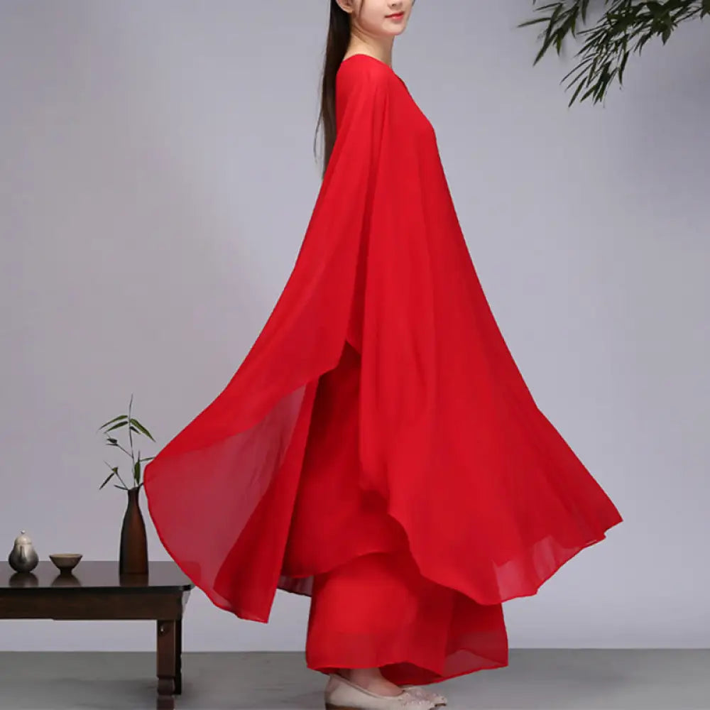 Buddha Stones Simple Pattern Midi Dress Wide Leg Pants Meditation Spiritual Zen Practice Yoga Dance Clothing - Red