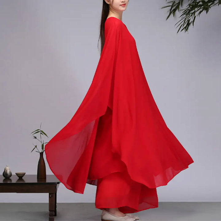 Buddha Stones Simple Pattern Midi Dress Wide Leg Pants Meditation Spiritual Zen Practice Yoga Dance Clothing - Red