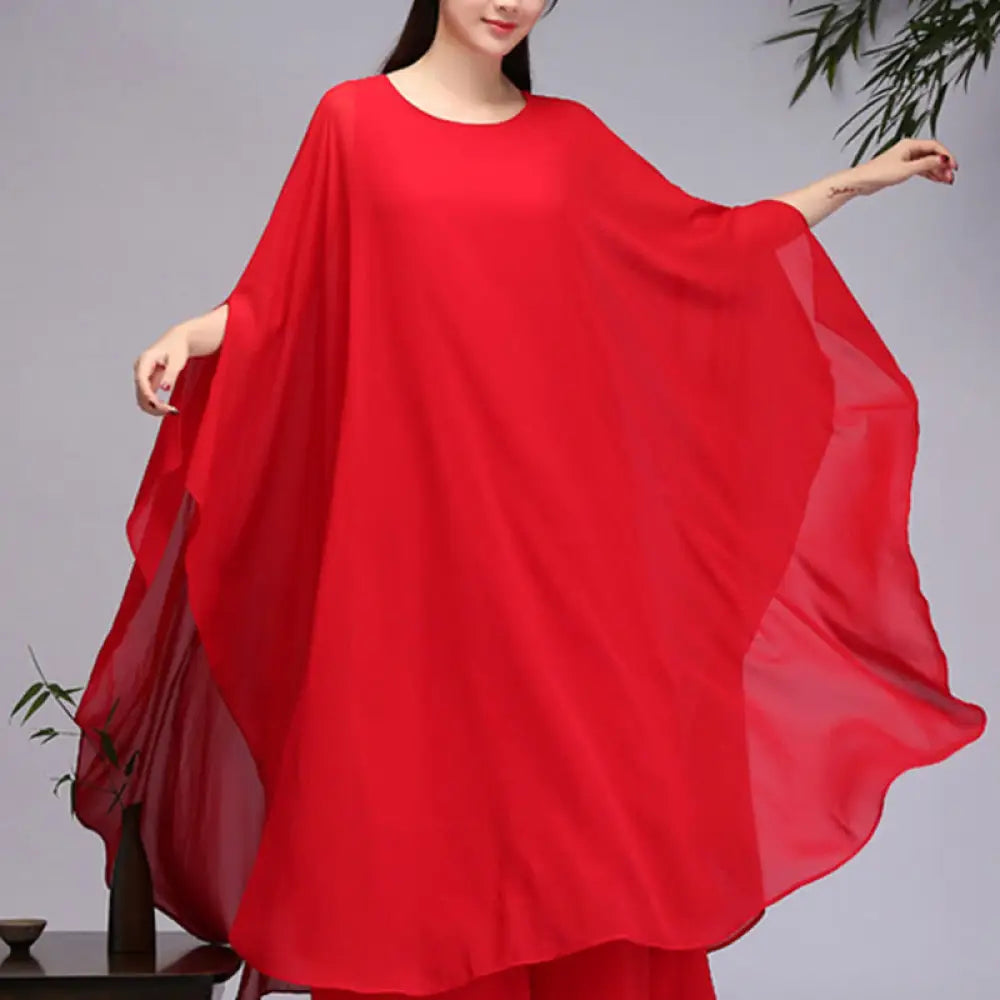 Buddha Stones Simple Pattern Midi Dress Wide Leg Pants Meditation Spiritual Zen Practice Yoga Dance Clothing - Red