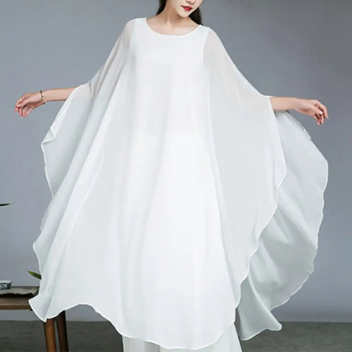 Buddha Stones Simple Pattern Midi Dress Wide Leg Pants Meditation Spiritual Zen Practice Yoga Dance Clothing - White
