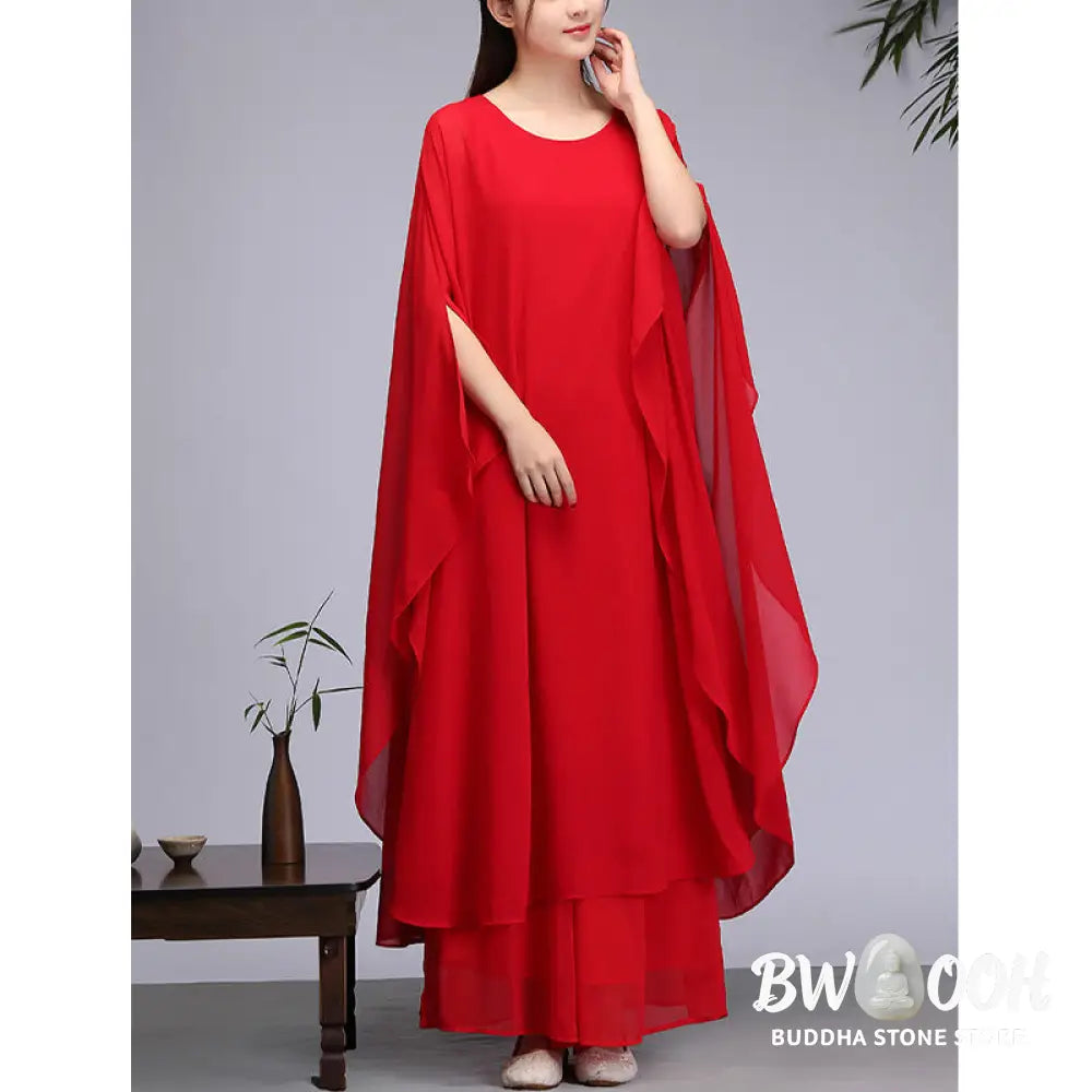 Buddha Stones Simple Pattern Midi Dress Wide Leg Pants Meditation Spiritual Zen Practice Yoga Dance Clothing - Women’s