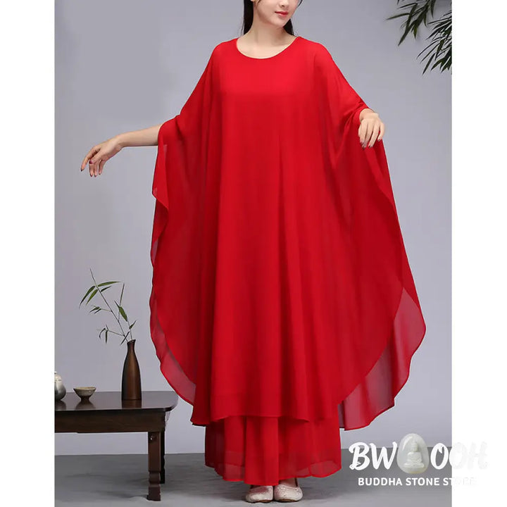 Buddha Stones Simple Pattern Midi Dress Wide Leg Pants Meditation Spiritual Zen Practice Yoga Dance Clothing - Women’s