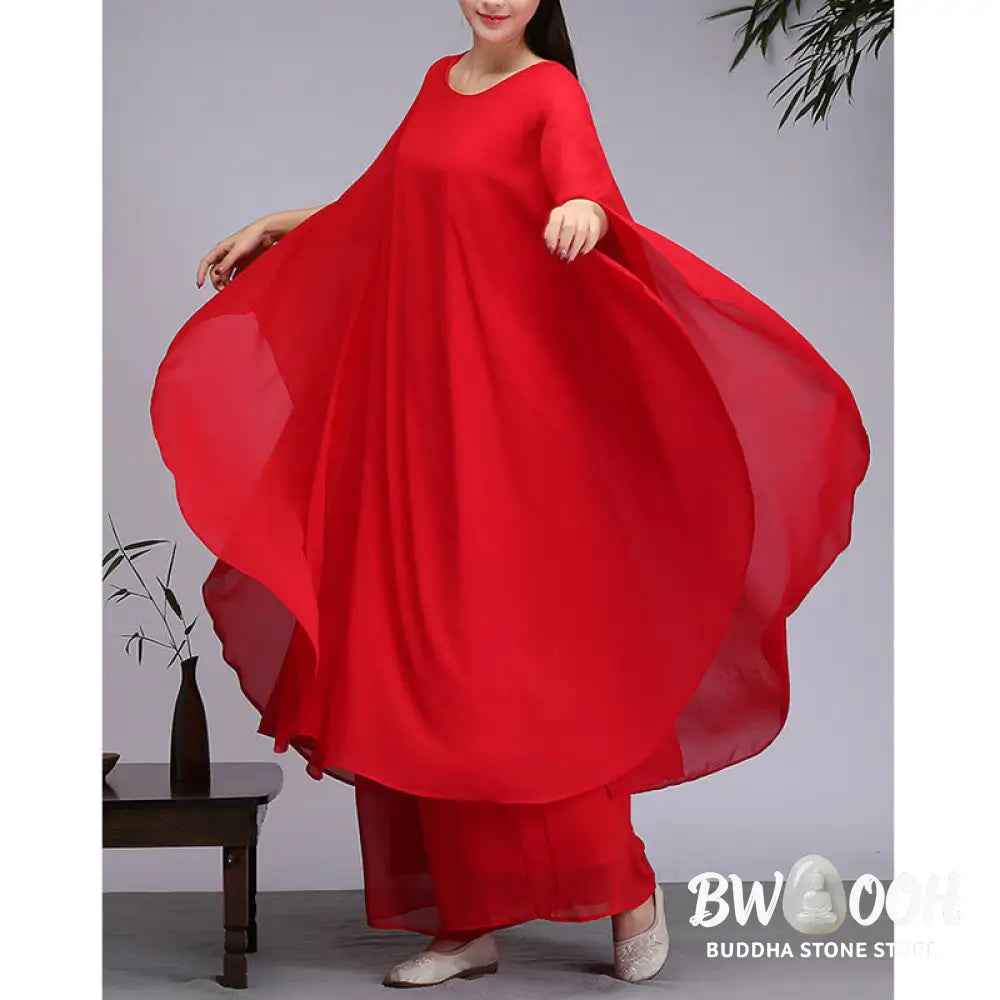 Buddha Stones Simple Pattern Midi Dress Wide Leg Pants Meditation Spiritual Zen Practice Yoga Dance Clothing - Women’s