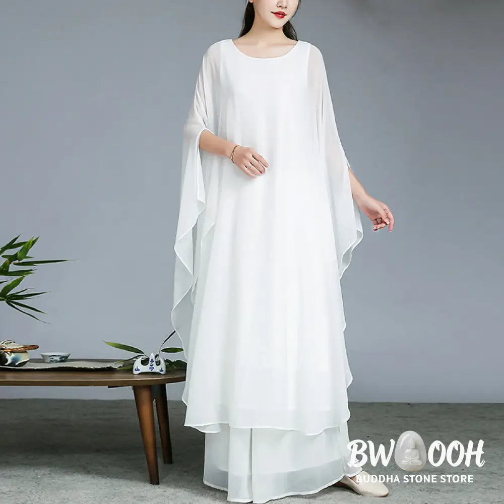 Buddha Stones Simple Pattern Midi Dress Wide Leg Pants Meditation Spiritual Zen Practice Yoga Dance Clothing - Women’s
