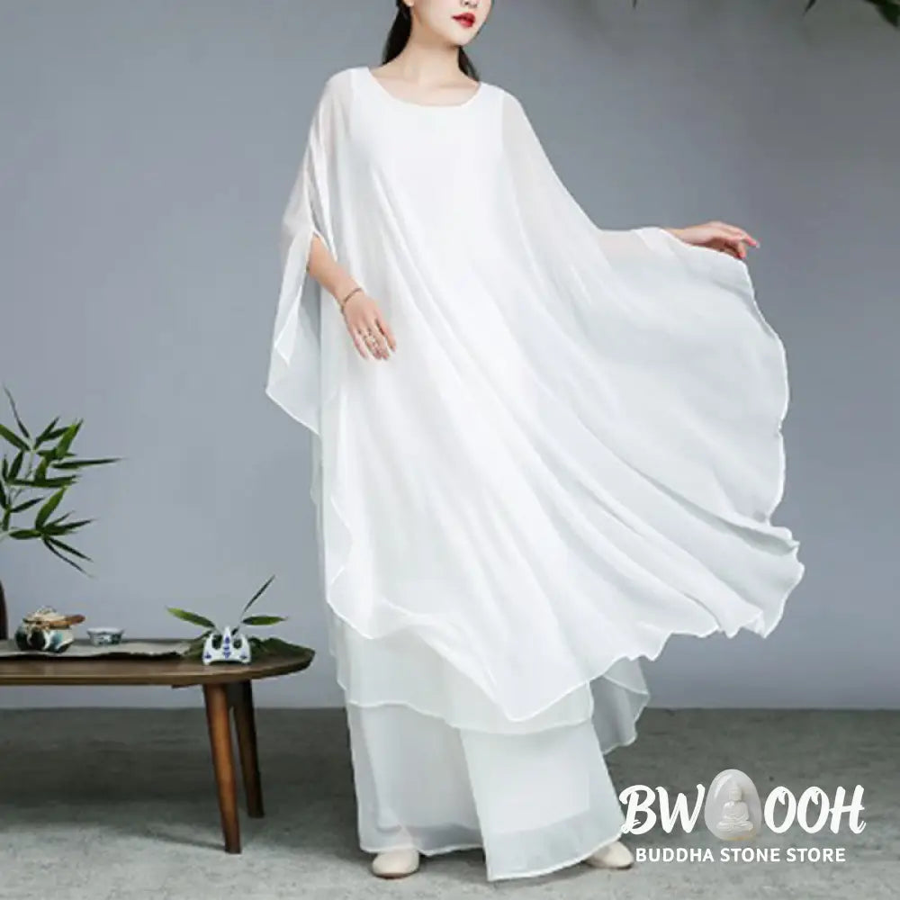 Buddha Stones Simple Pattern Midi Dress Wide Leg Pants Meditation Spiritual Zen Practice Yoga Dance Clothing - Women’s