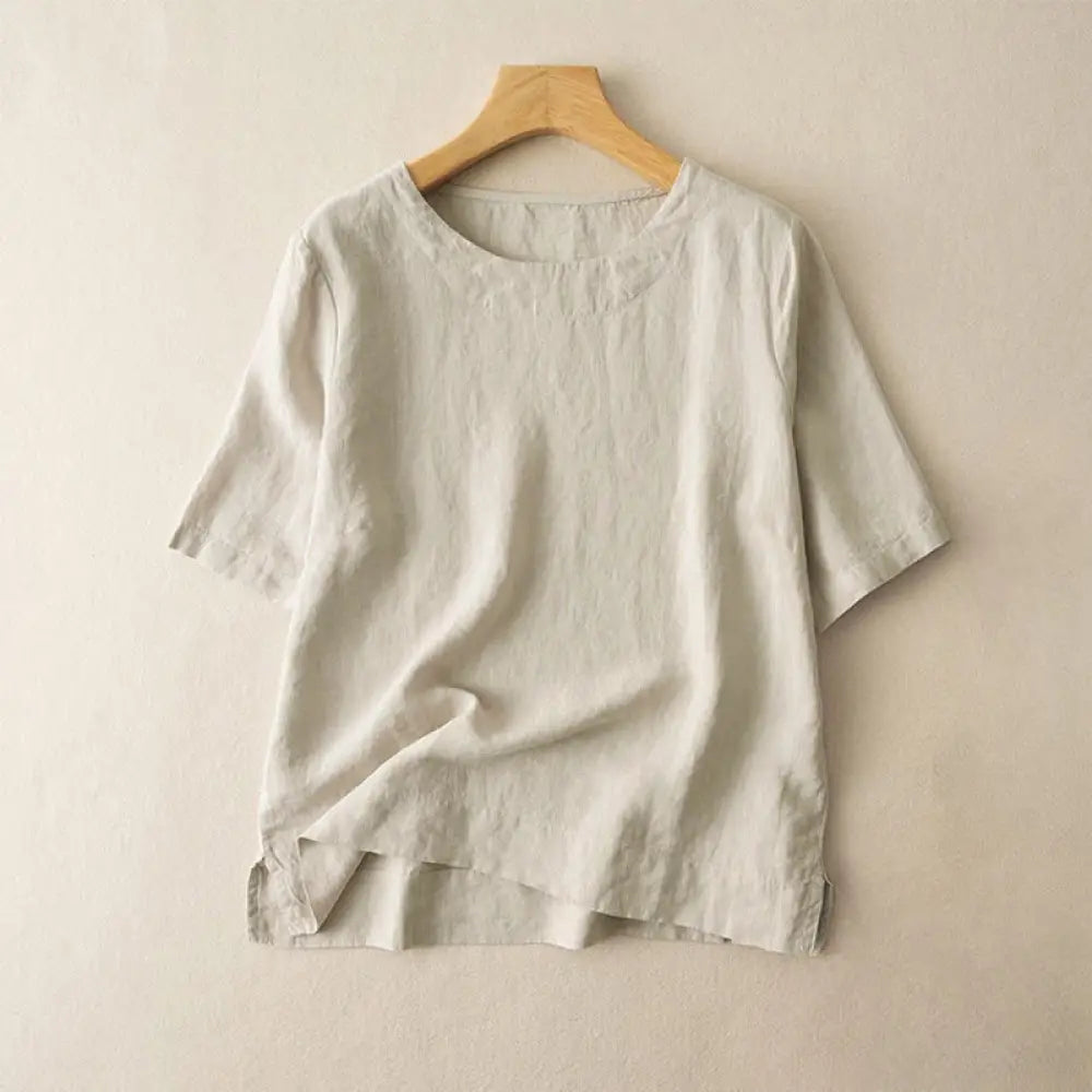 Buddha Stones Simple Plain Short Sleeve Crew Neck Side Slit Cotton Women’s T-Shirt - Beige / US2，UK/AU6，EU34 (L)