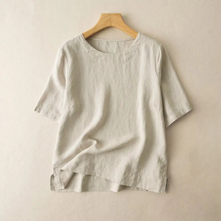 Buddha Stones Simple Plain Short Sleeve Crew Neck Side Slit Cotton Women’s T-Shirt - Beige / US2，UK/AU6，EU34 (L)