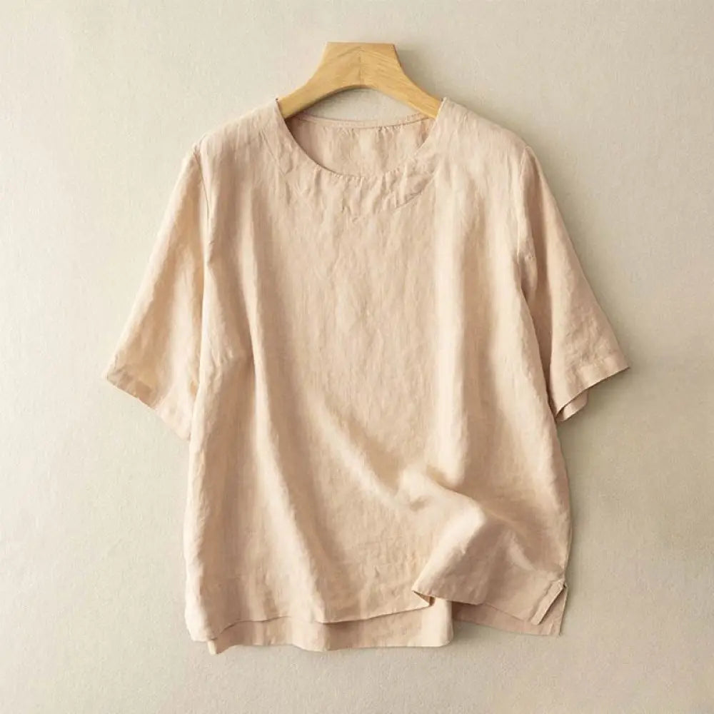 Buddha Stones Simple Plain Short Sleeve Crew Neck Side Slit Cotton Women’s T-Shirt - Khaki / US2，UK/AU6，EU34 (L)