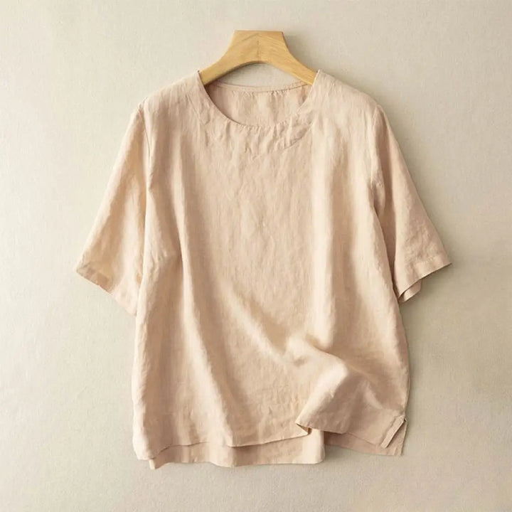 Buddha Stones Simple Plain Short Sleeve Crew Neck Side Slit Cotton Women’s T-Shirt - Khaki / US2，UK/AU6，EU34 (L)