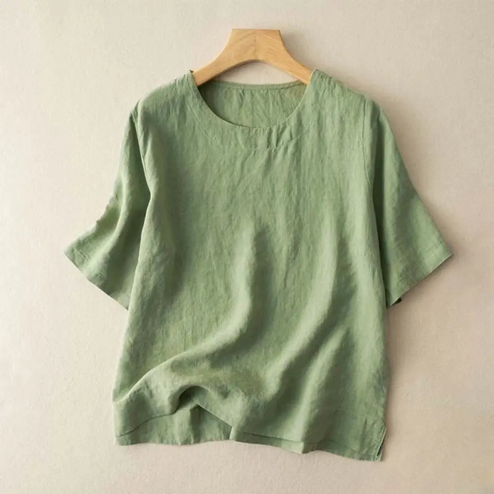 Buddha Stones Simple Plain Short Sleeve Crew Neck Side Slit Cotton Women’s T-Shirt - LightGreen / US2，UK/AU6，EU34 (L)