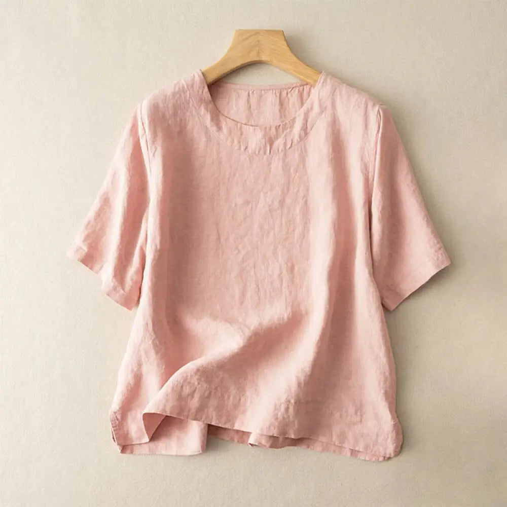 Buddha Stones Simple Plain Short Sleeve Crew Neck Side Slit Cotton Women’s T-Shirt - LightPink / US2，UK/AU6，EU34 (L)