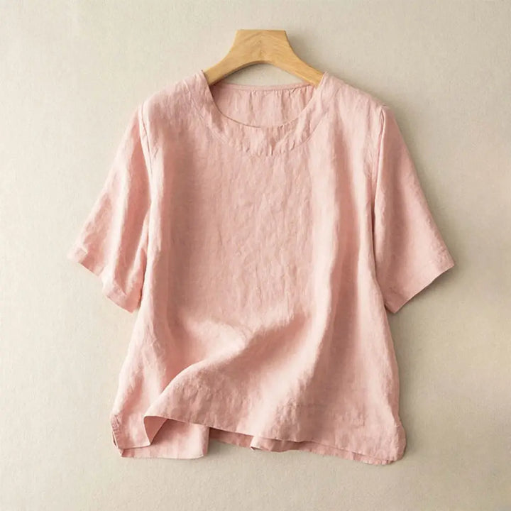 Buddha Stones Simple Plain Short Sleeve Crew Neck Side Slit Cotton Women’s T-Shirt - LightPink / US2，UK/AU6，EU34 (L)