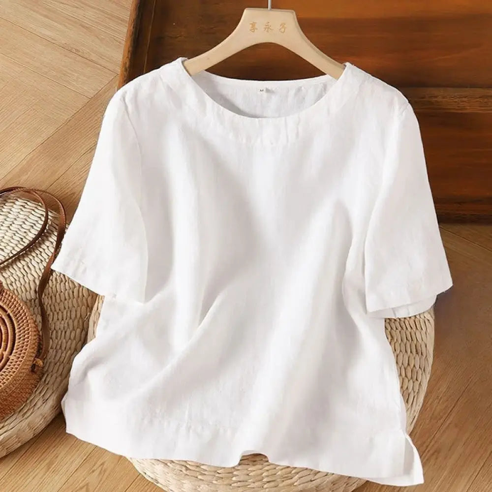Buddha Stones Simple Plain Short Sleeve Crew Neck Side Slit Cotton Women’s T-Shirt - White / US2，UK/AU6，EU34 (L)