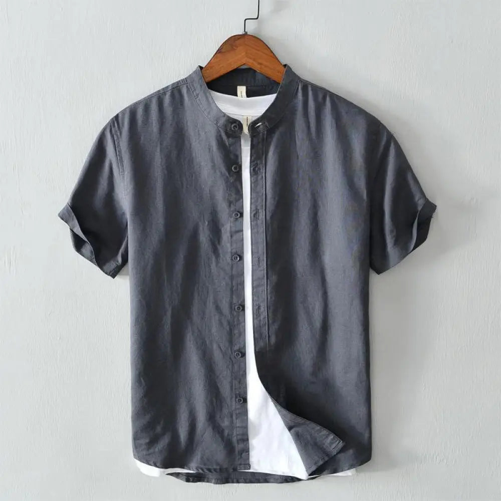 Buddha Stones Simple Style Short Sleeve Button Cotton Linen Men’s Shirt - DarkSlateGray / US/UK/AU36，EU46 (L) - Men’s