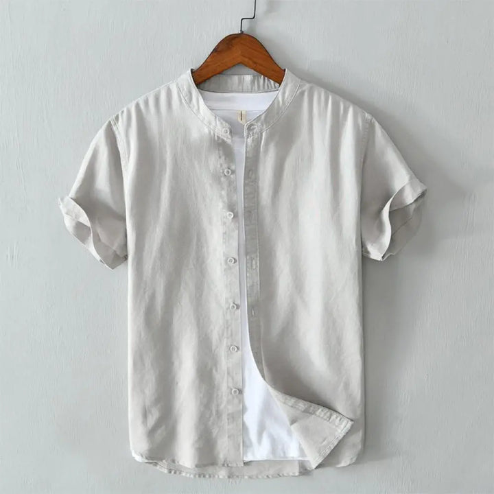 Buddha Stones Simple Style Short Sleeve Button Cotton Linen Men’s Shirt - Gainsboro / US/UK/AU36，EU46 (L) - Men’s Shirts