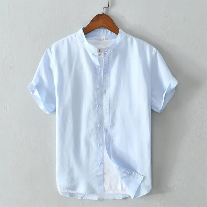 Buddha Stones Simple Style Short Sleeve Button Cotton Linen Men’s Shirt - LightSkyBlue / US/UK/AU36，EU46 (L) - Men’s