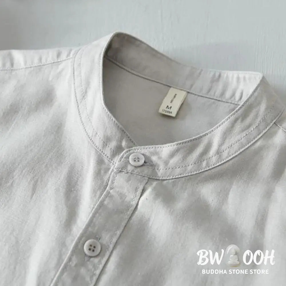 Buddha Stones Simple Style Short Sleeve Button Cotton Linen Men’s Shirt - Men’s Shirts