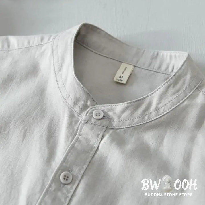 Buddha Stones Simple Style Short Sleeve Button Cotton Linen Men’s Shirt - Men’s Shirts