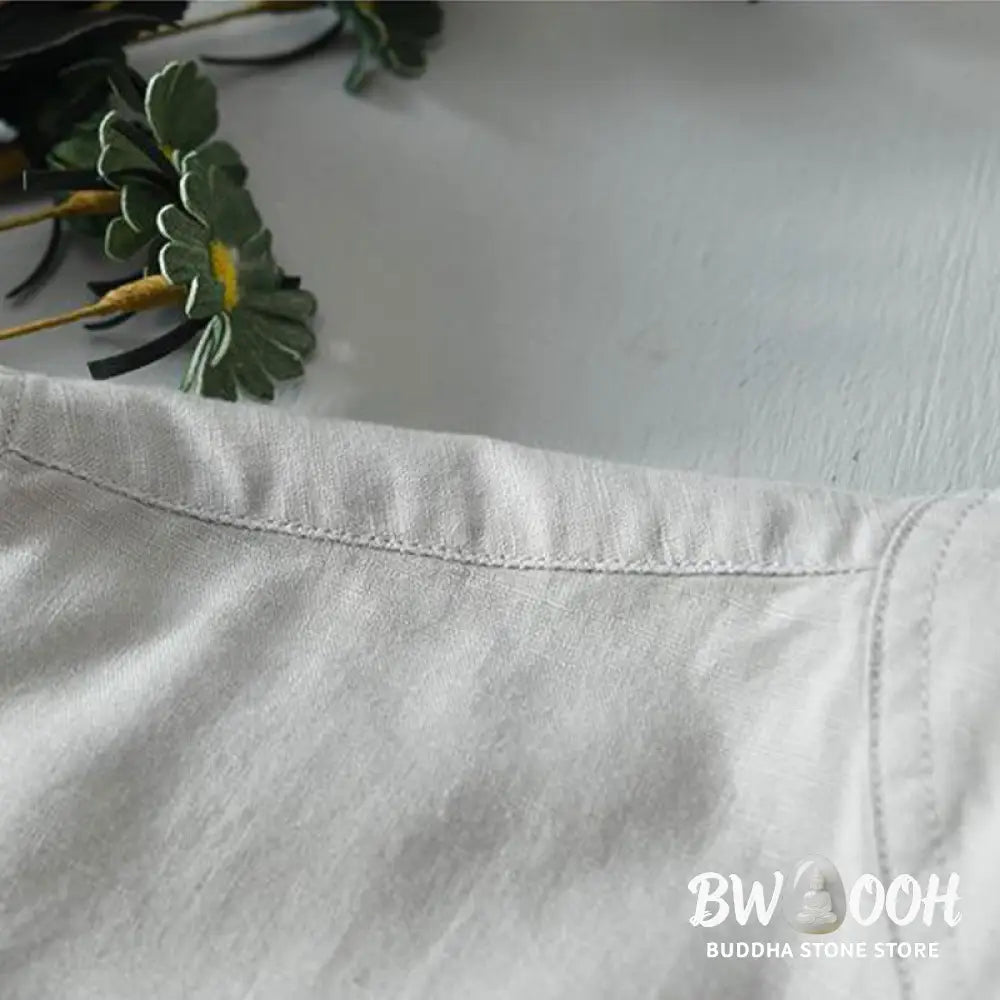 Buddha Stones Simple Style Short Sleeve Button Cotton Linen Men’s Shirt - Men’s Shirts