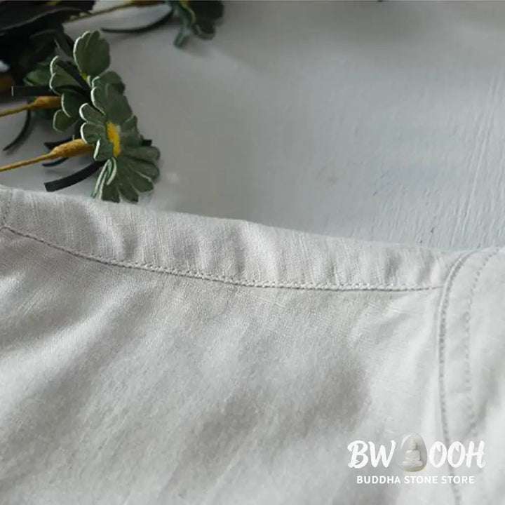 Buddha Stones Simple Style Short Sleeve Button Cotton Linen Men’s Shirt - Men’s Shirts