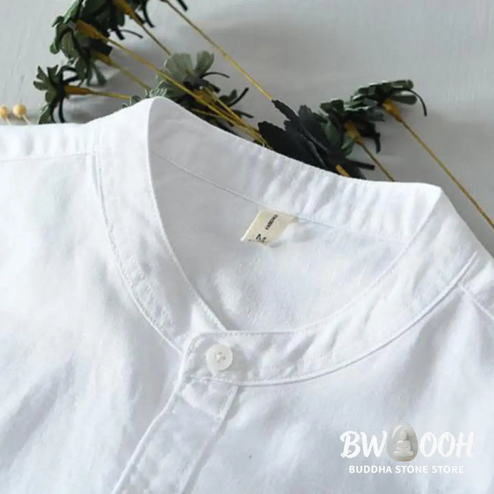 Buddha Stones Simple Style Short Sleeve Button Cotton Linen Men’s Shirt - Men’s Shirts